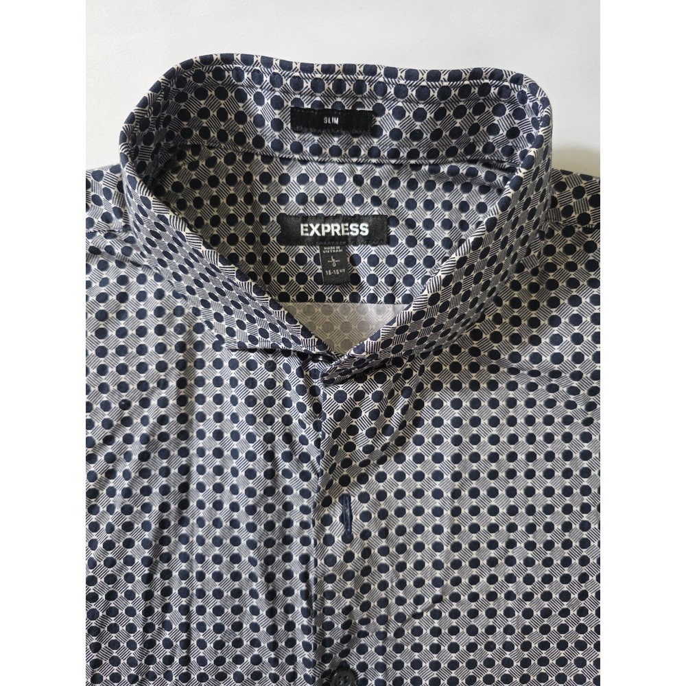 Express Slim Fit Dress Shirt Men 15-15.5 L Blue Geometric Button Up - Picture 7 of 10